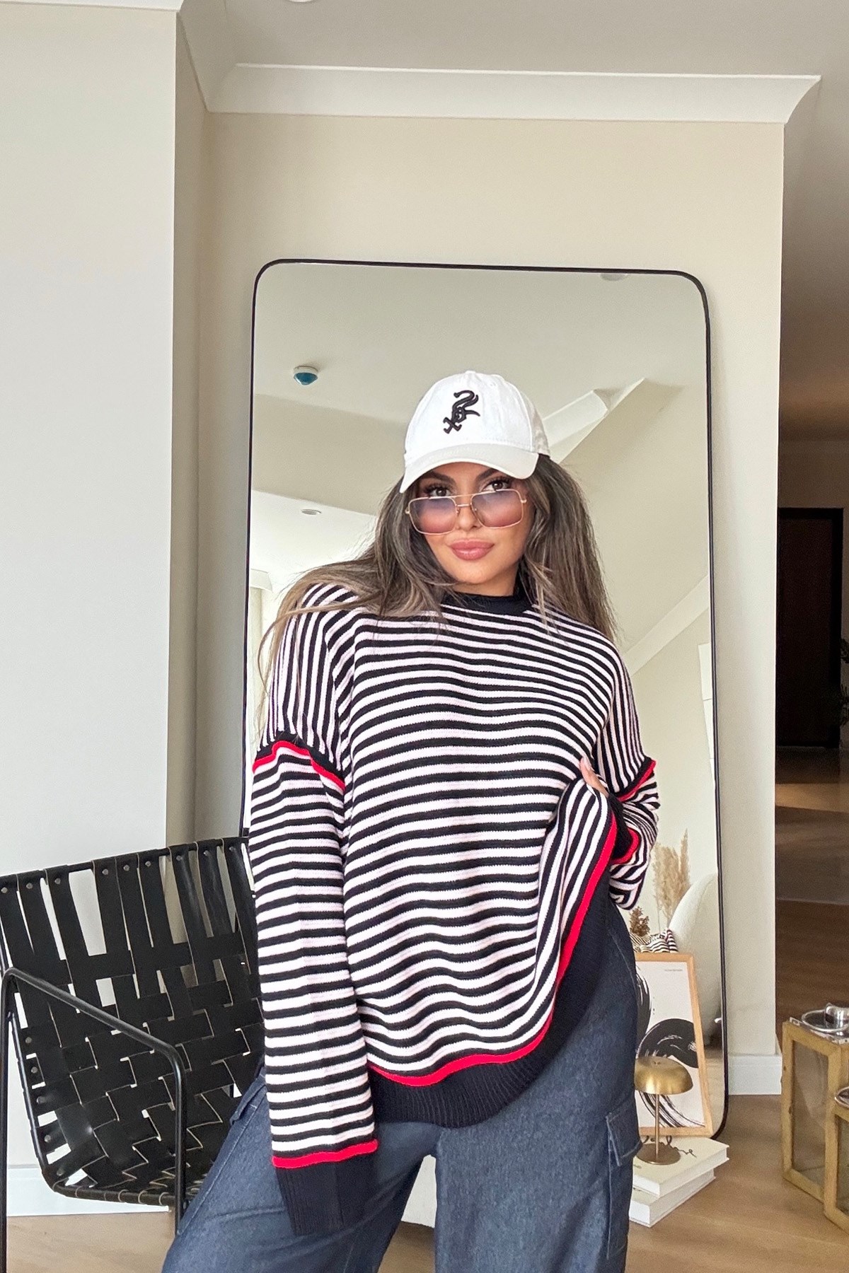 Çizgili Oversize Kazak lacivert pembe