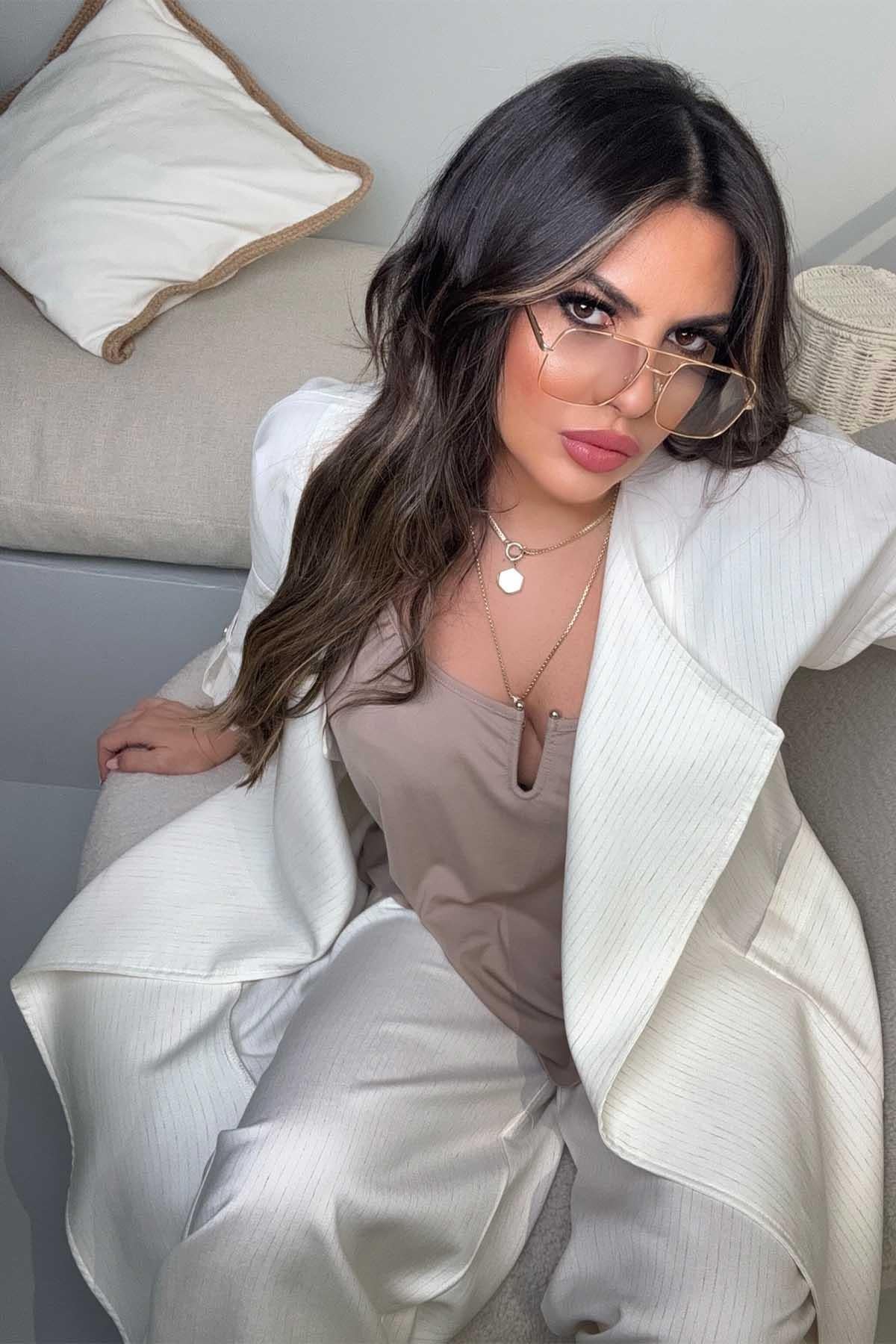Çizgili Tasarım Model Ceket Pantolon Takım Krem