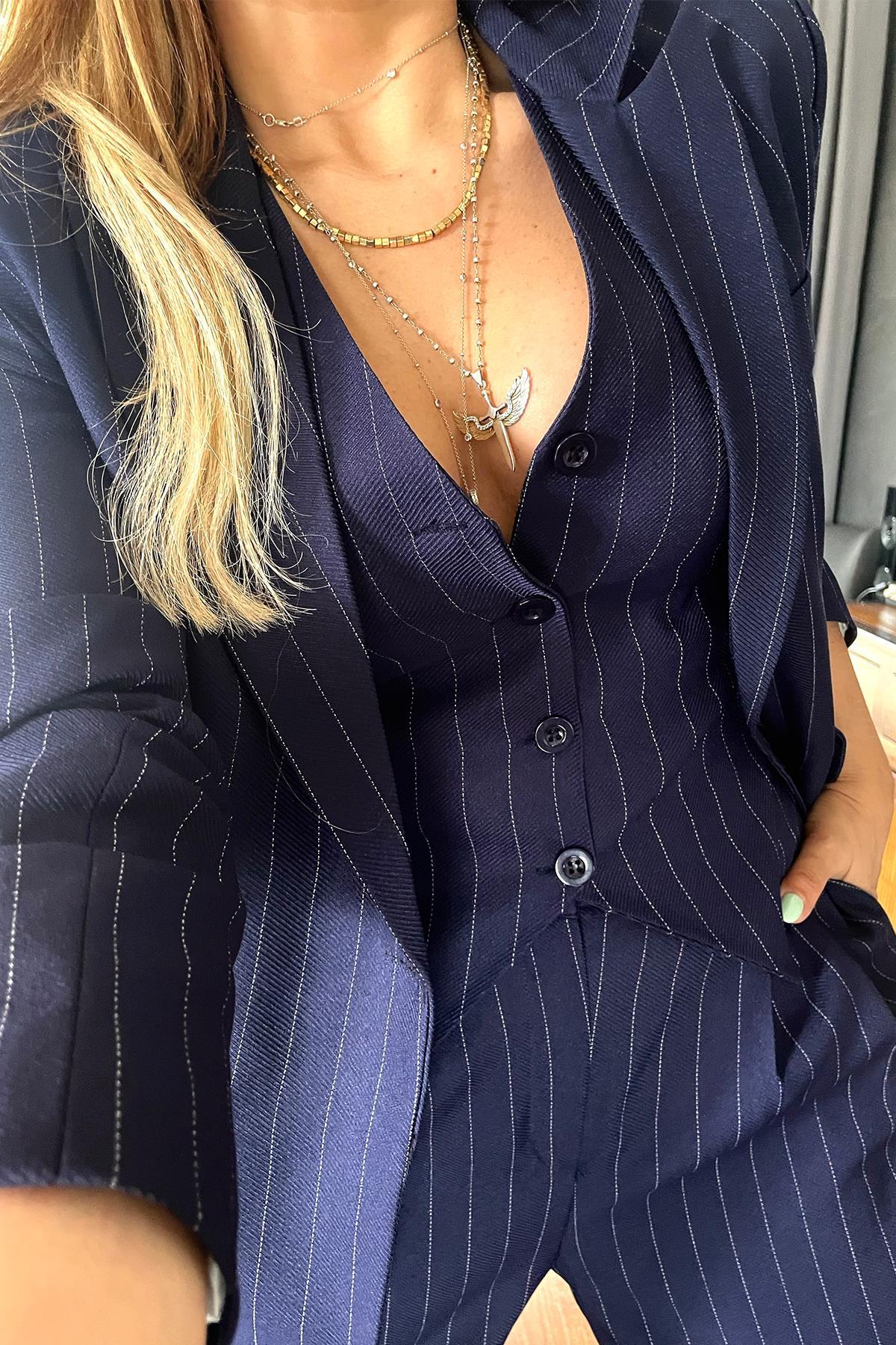 Çizgili Tek Düğme Blazer Ceket Lacivert