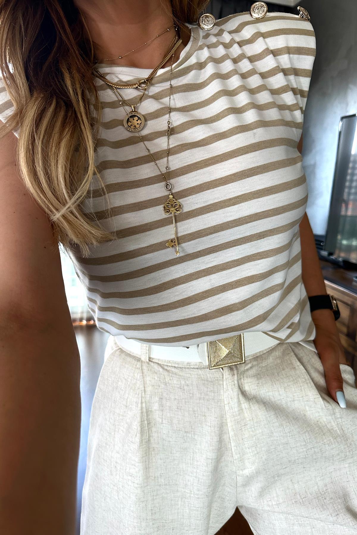 Çizgili Vatkalı Gold Düğme Tshirt Bej