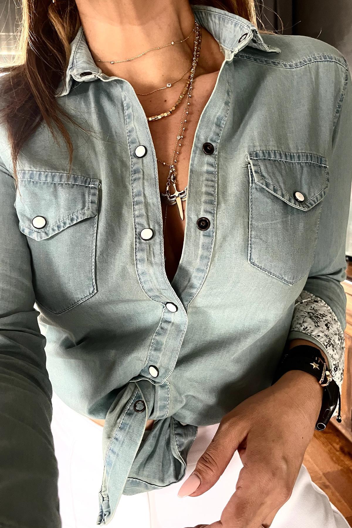 Denim Cepli Çıtçıt Düğmeli Gömlek Mavi