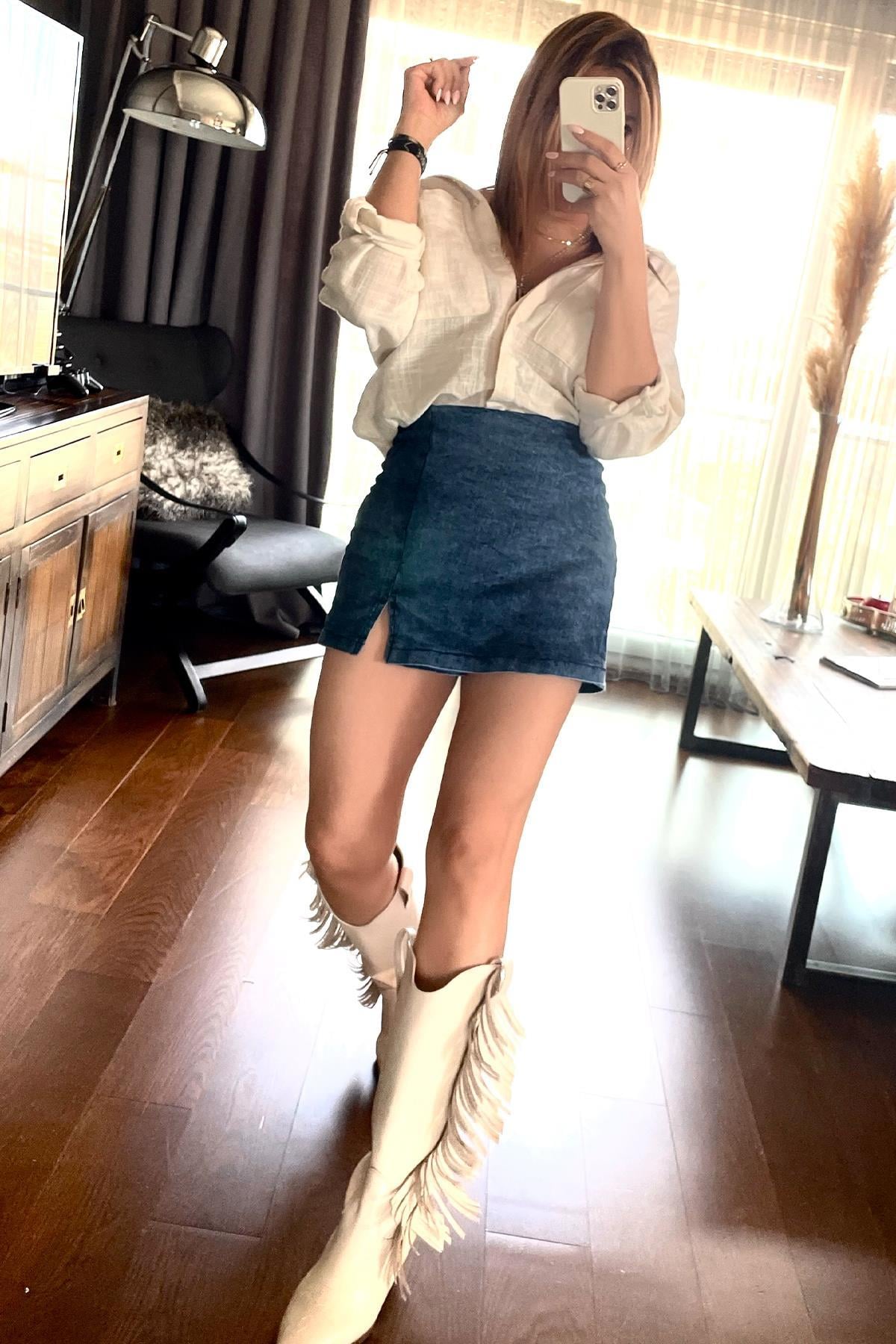 Denim Şort Etek Mavi