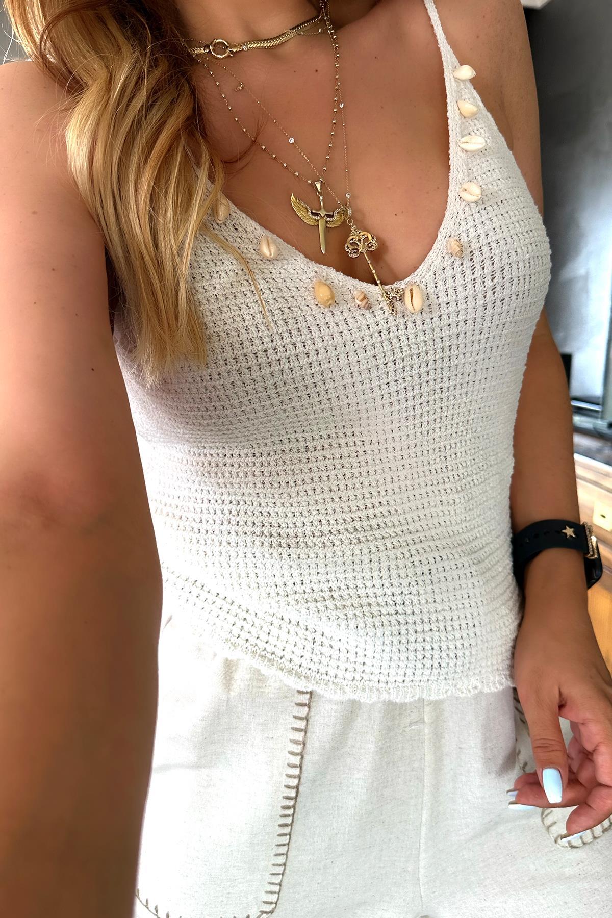 Deniz Kabuklu Triko Crop Krem