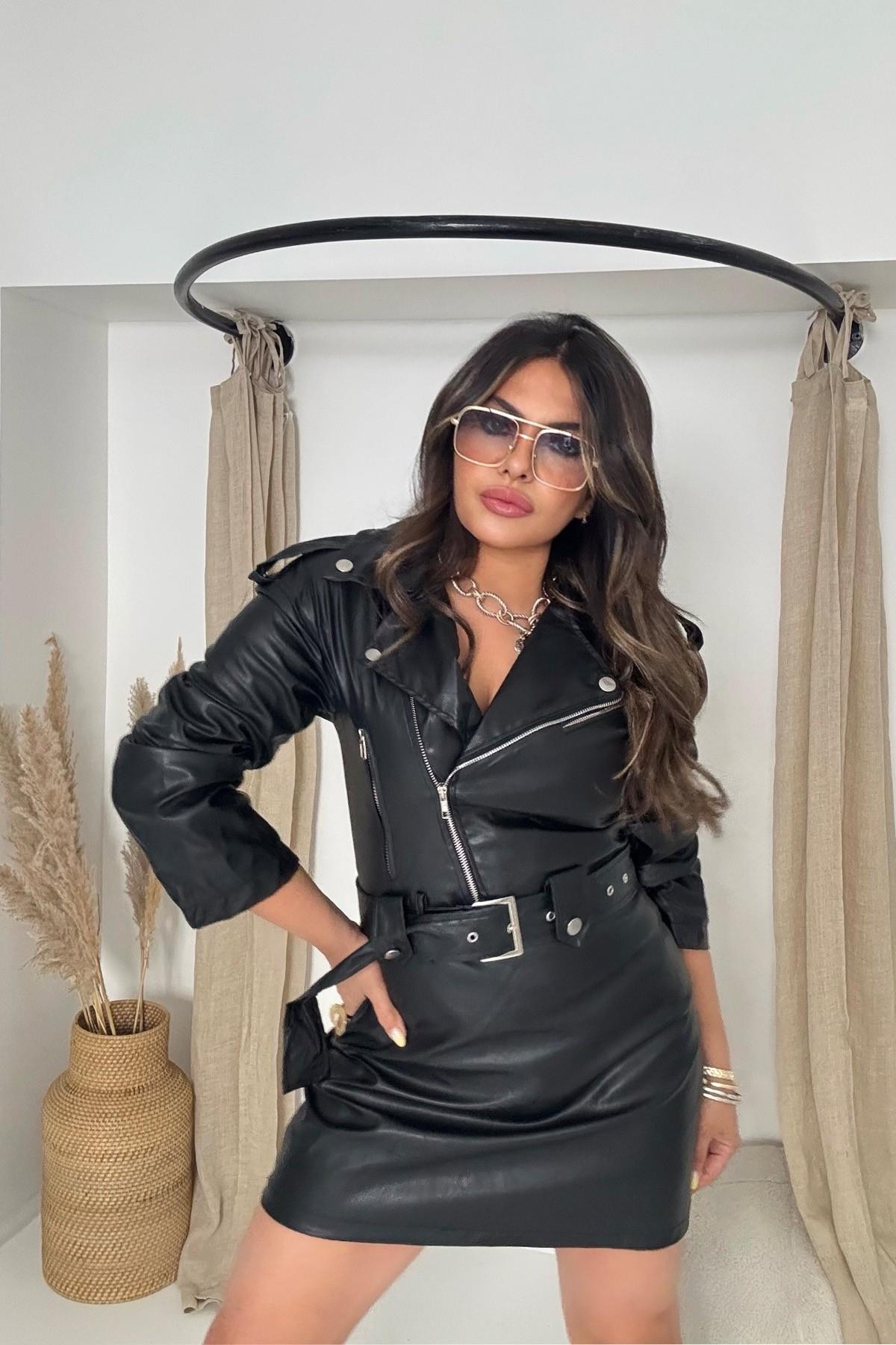 Deri Biker Model Ceket Elbise Siyah