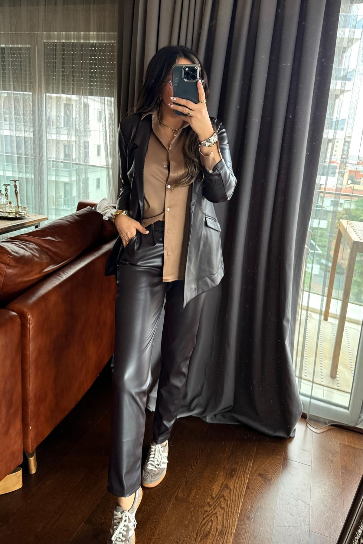 Deri Blazer Ceket Takım Acı Kahve