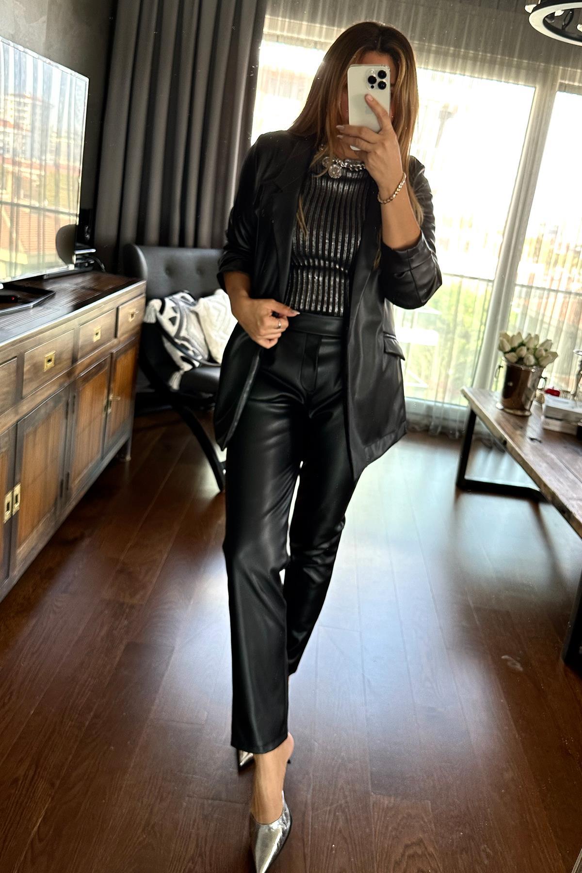 Deri Blazer Ceketli Takım Siyah