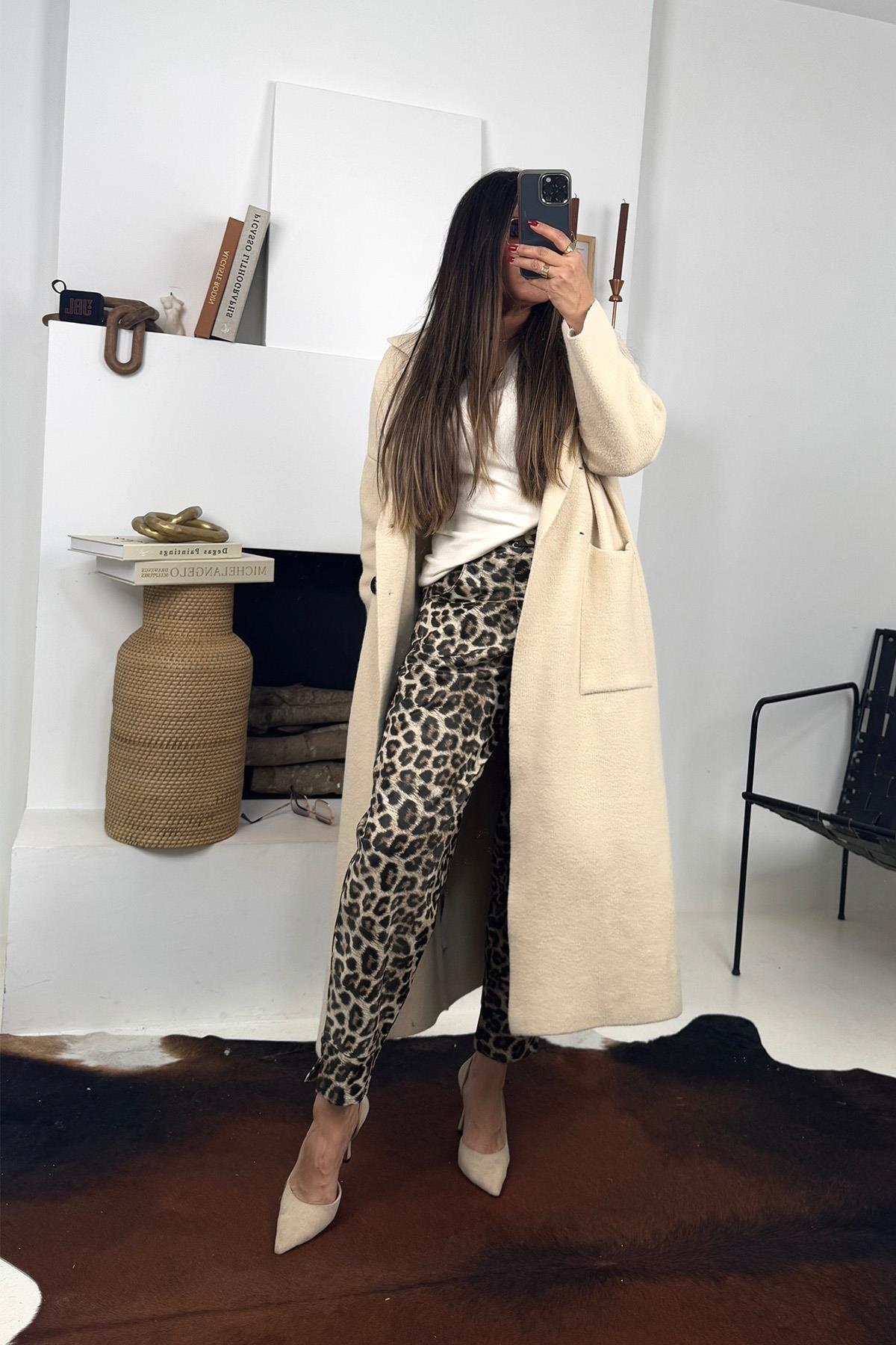 Deri Pensli Bağçıklı Pantolon Leopar