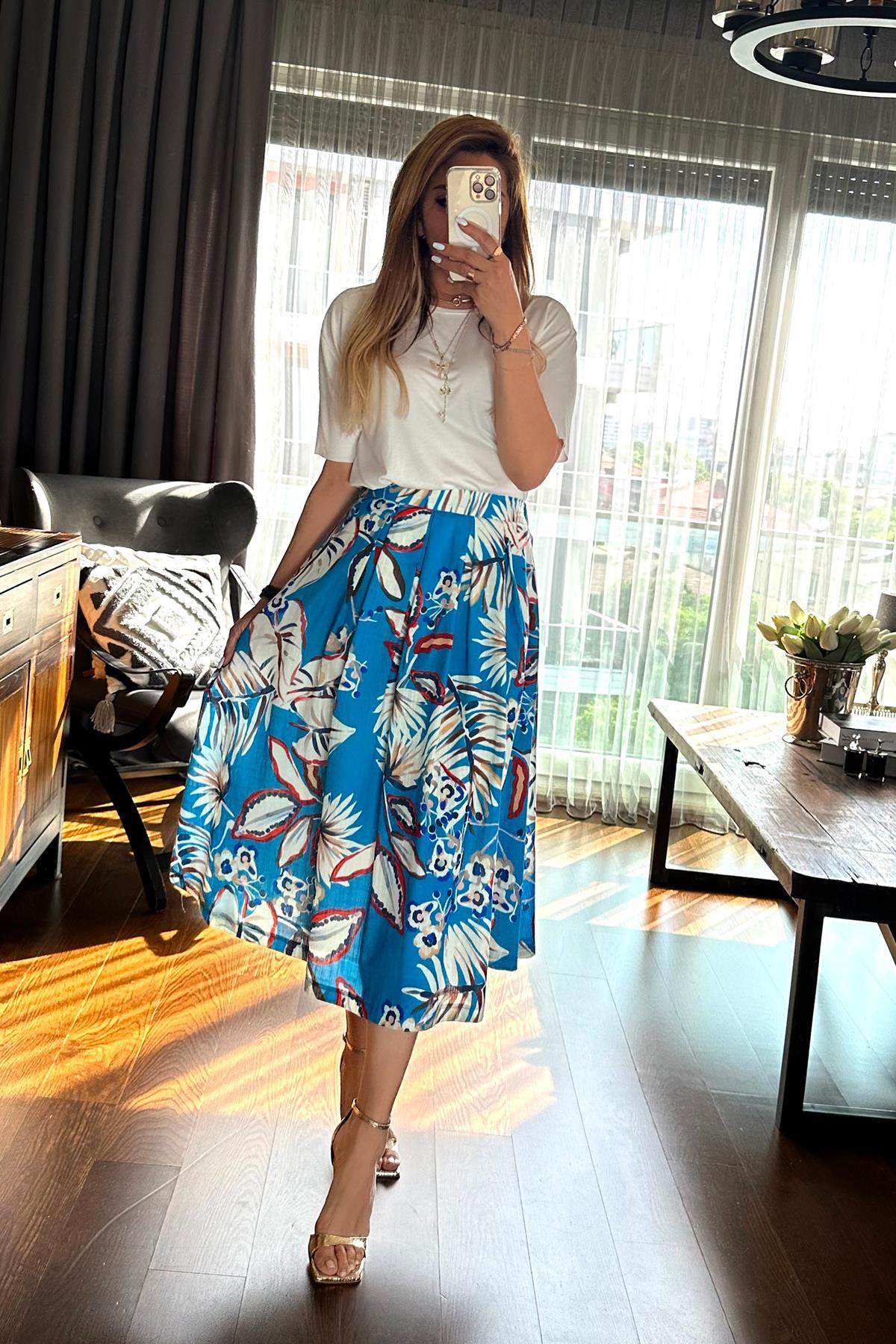 Desenli Keten Doku Viskon Kloş Etek Mavi