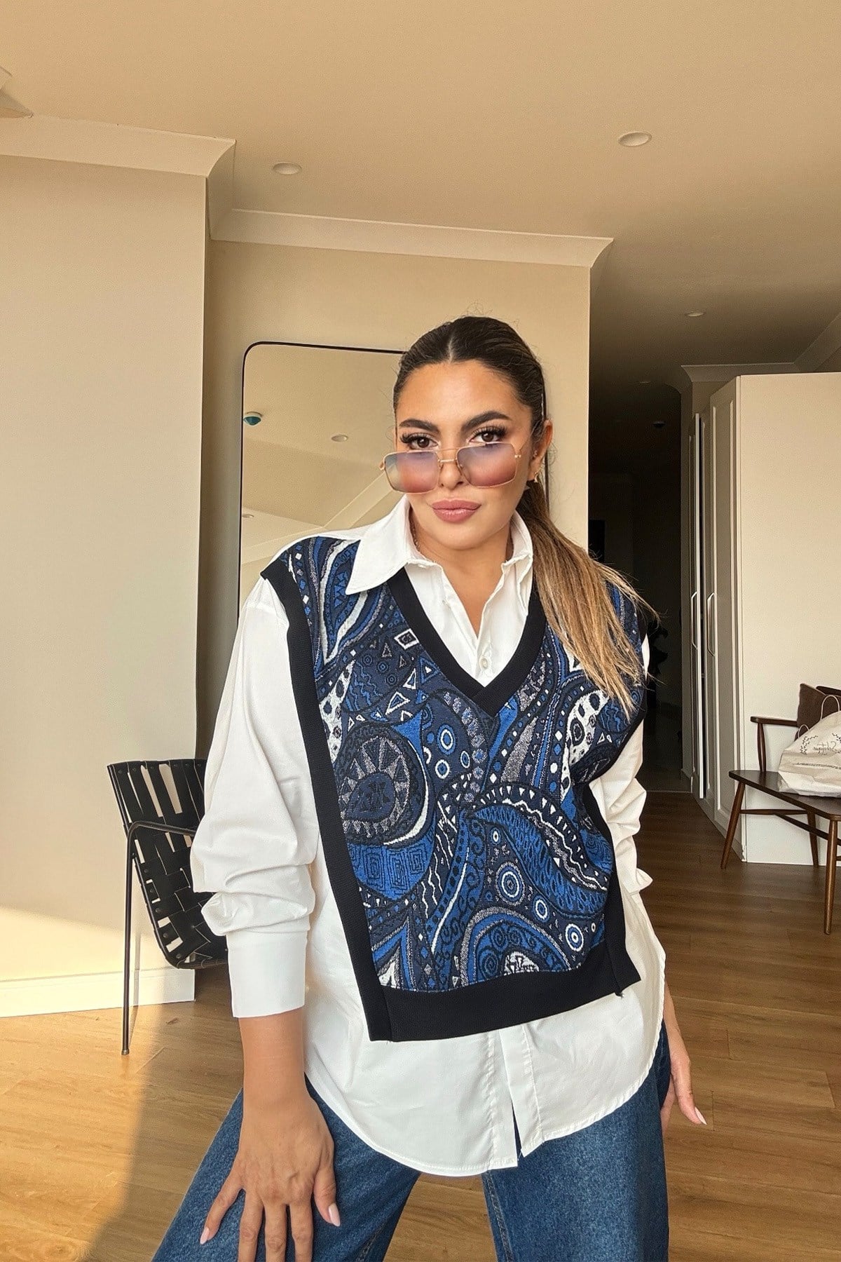 Desenli Simli Örme Kumaş Garnili Gömlek Saks Mavi-Ekru