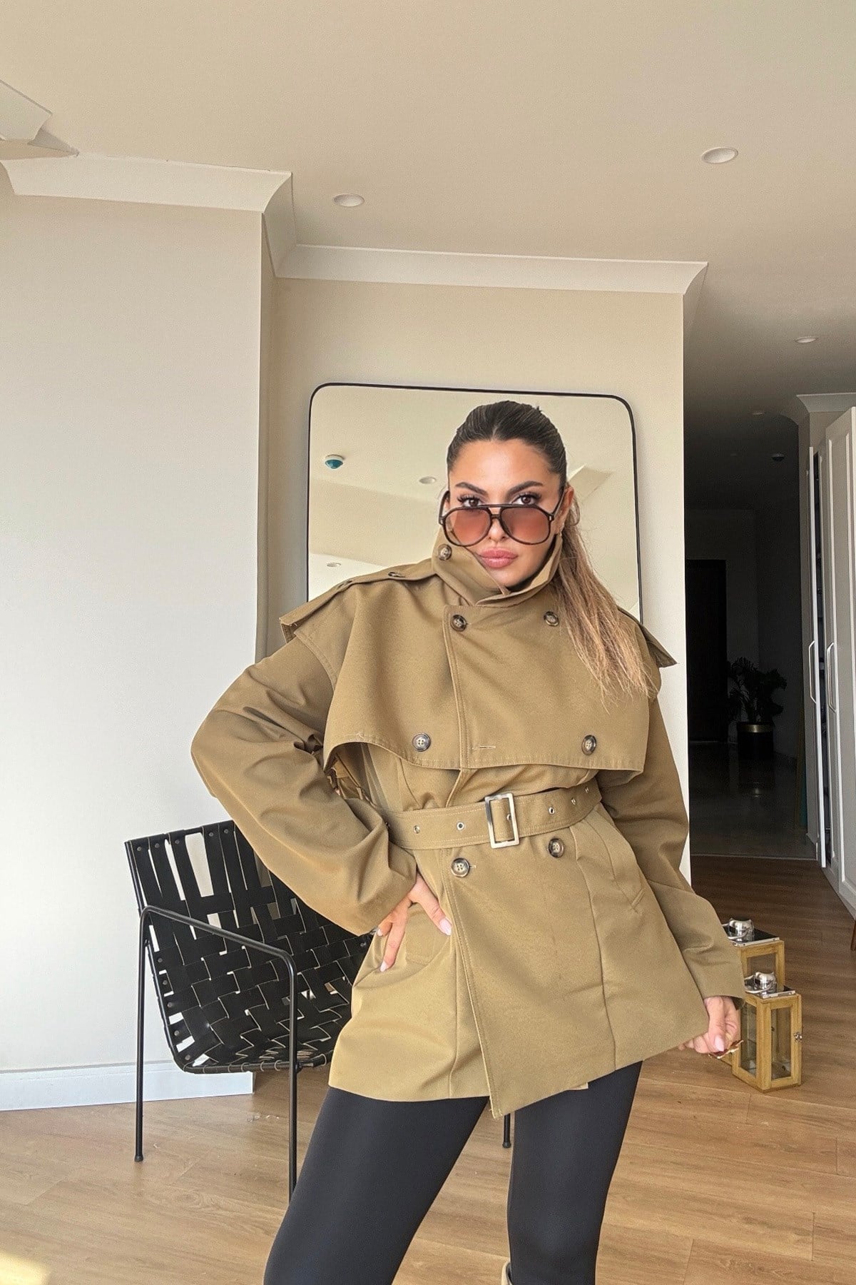 Dik Yaka Kemerli Trenchcoat Haki