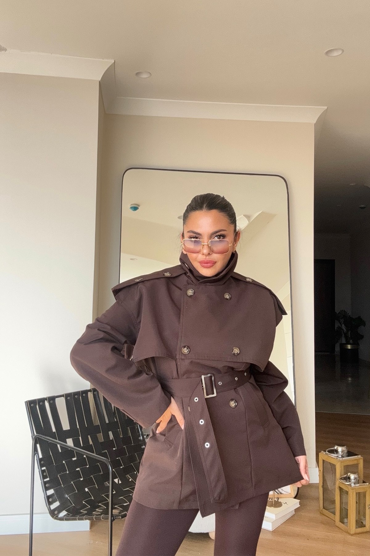 Dik Yaka Kemerli Trenchcoat Kahve