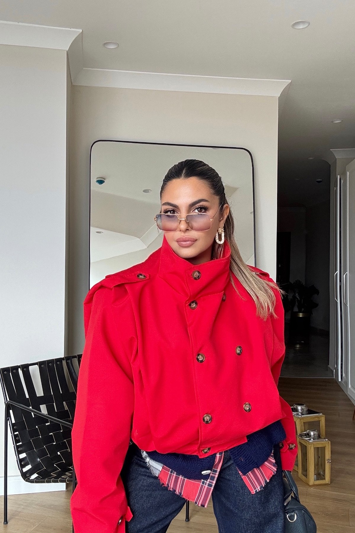 Dik Yaka Omuz Detaylı Trenchcoat Kırmızı