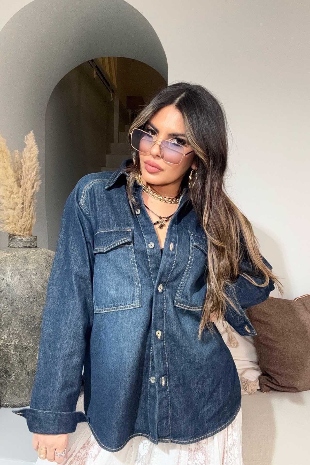 Dikişli Western Jean Gömlek Koyu Mavi