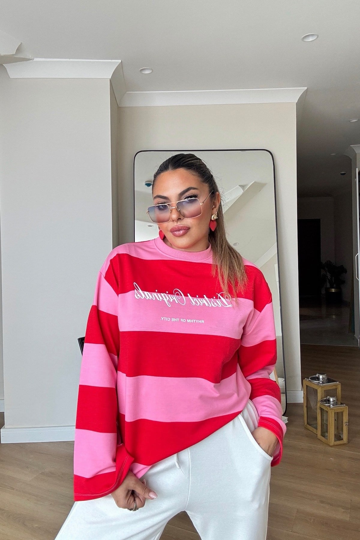District Çizgili İnce Sweat Pembe-Kırmızı