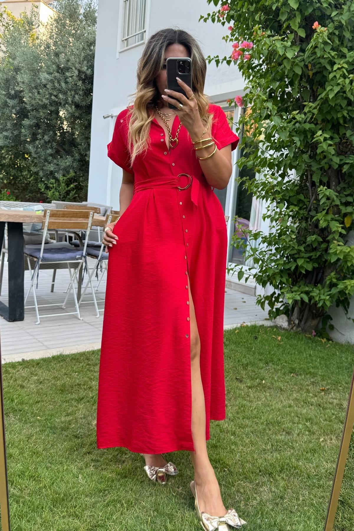 Düşük Kol Kuşaklı Elbise Kırmızı