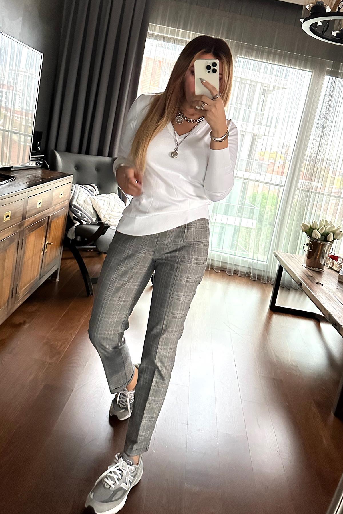 Ekose Çizgili Slim Fit Pantolon Antrasit