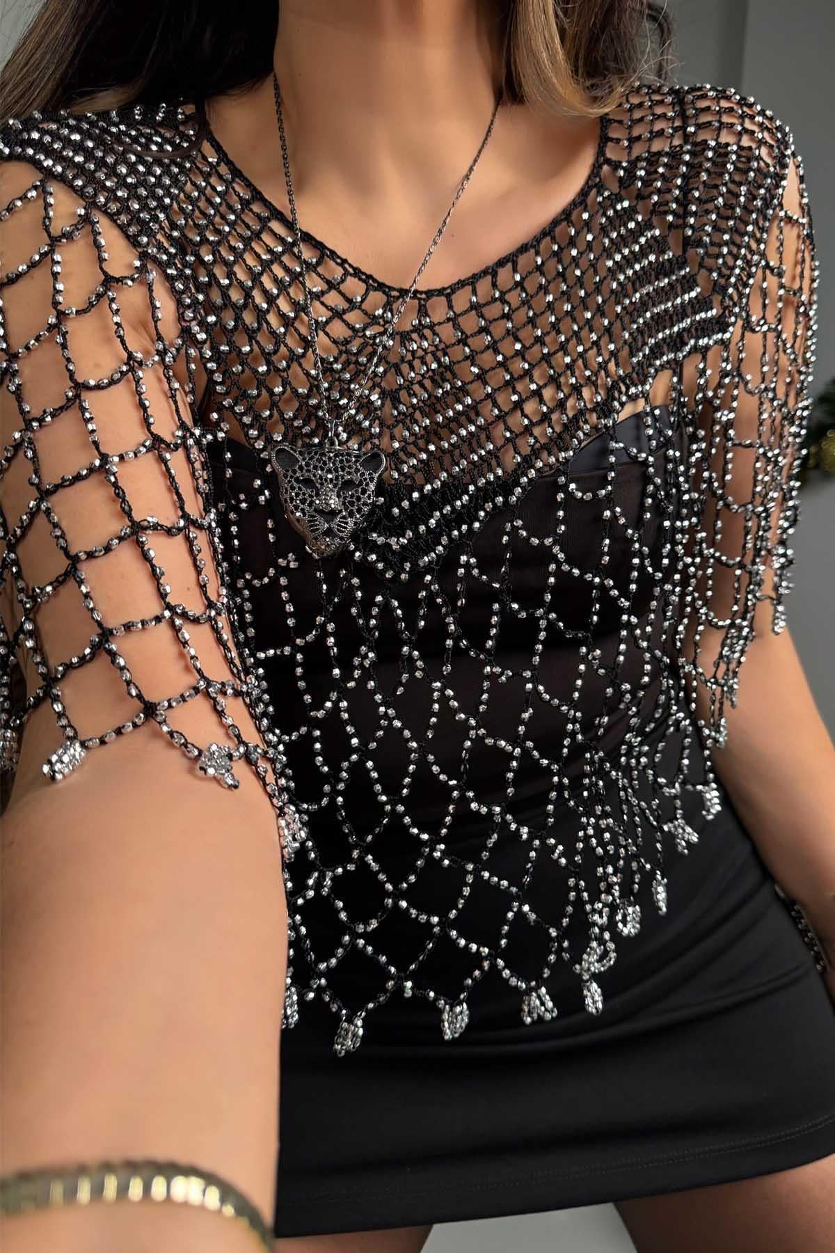 El İşi Gümüş Boncuk Detaylı Bolero Siyah