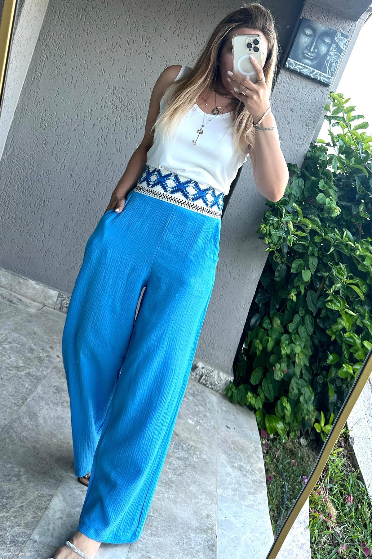 Etnik Detaylı Müslin Pantolon Mavi