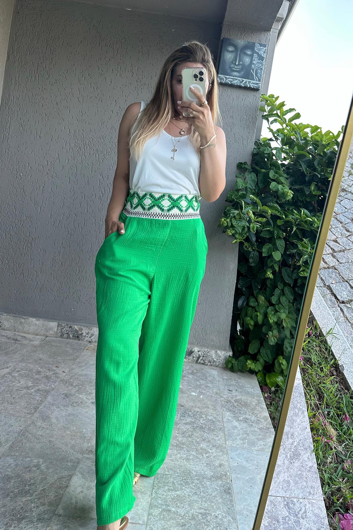 Etnik Detaylı Müslin Pantolon Yeşil