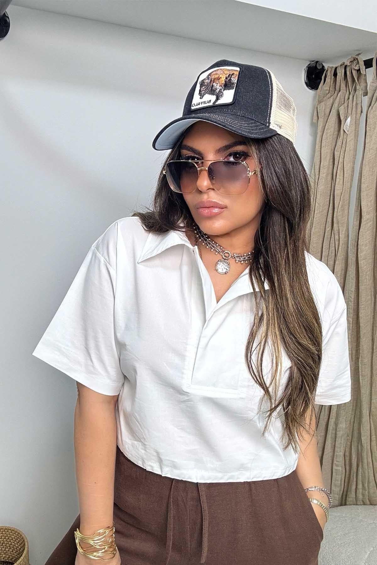 Fermuar Yaka Büzgülü Gömlek Beyaz