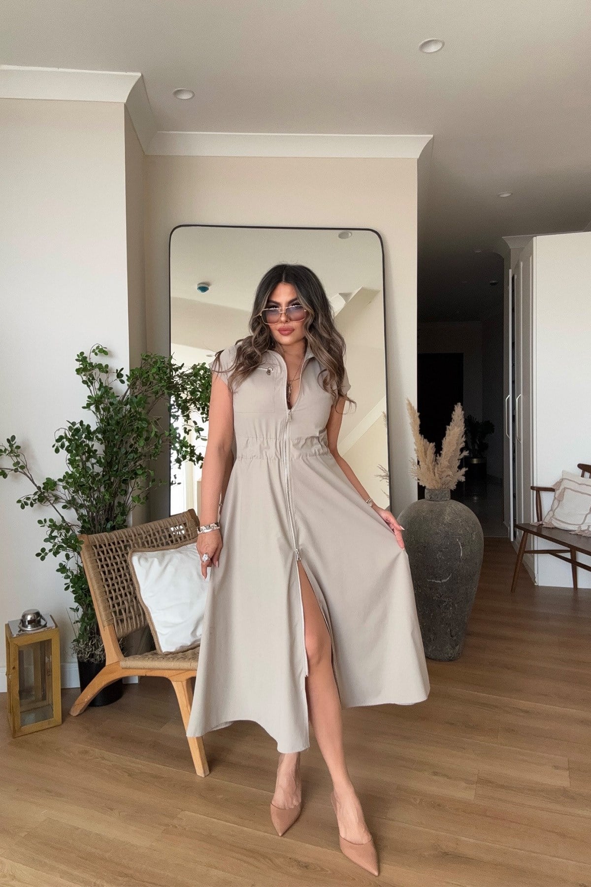Fermuarlı Beli Lastikli Soft Touch Elbise Taş