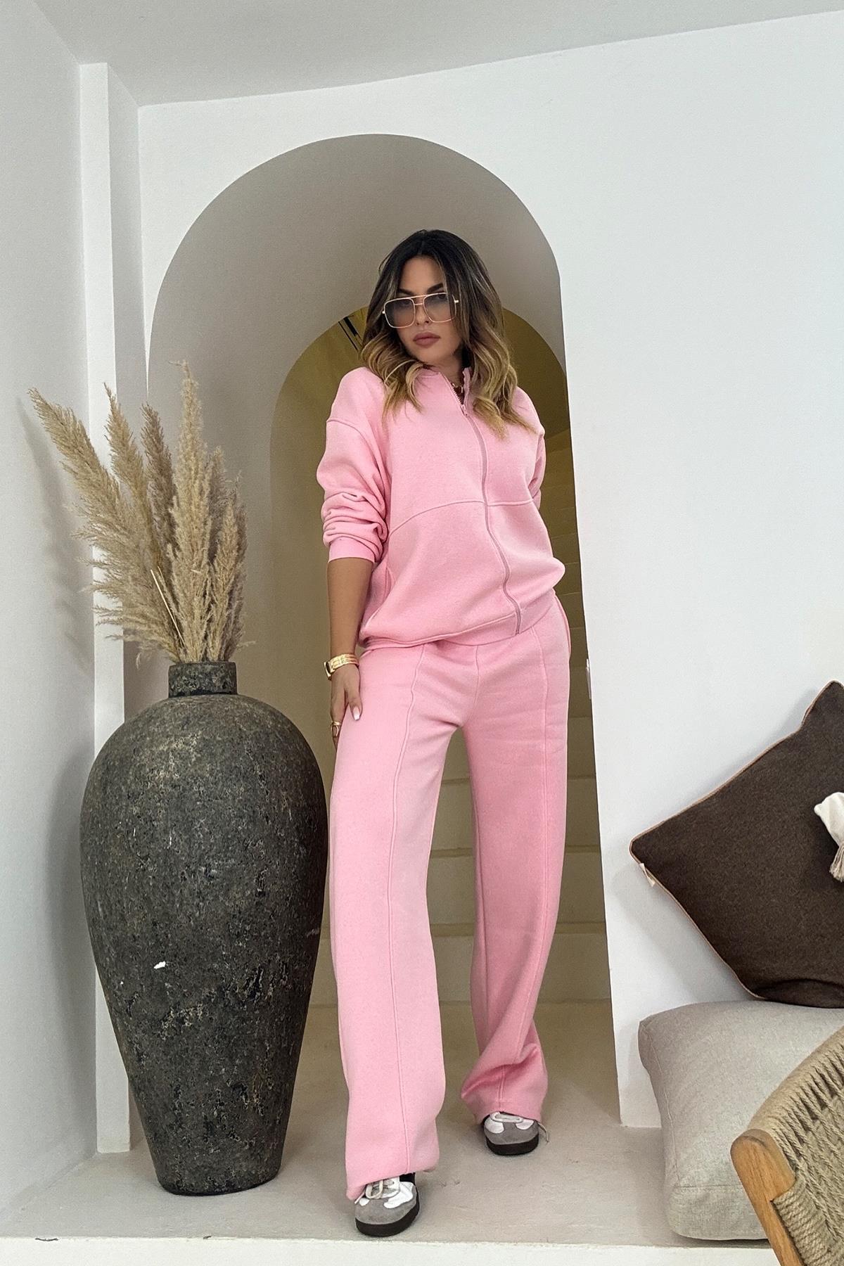 Fermuarlı Eşofman Takım Pembe