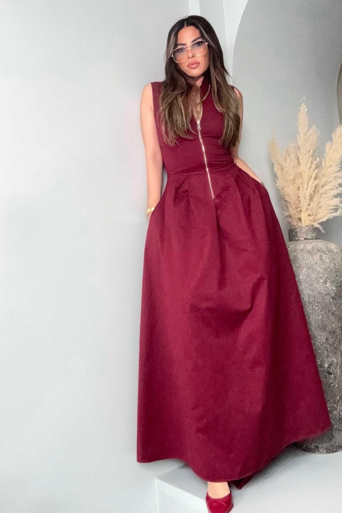 Fermuarlı Gabardin Kumaş Elbise Bordo