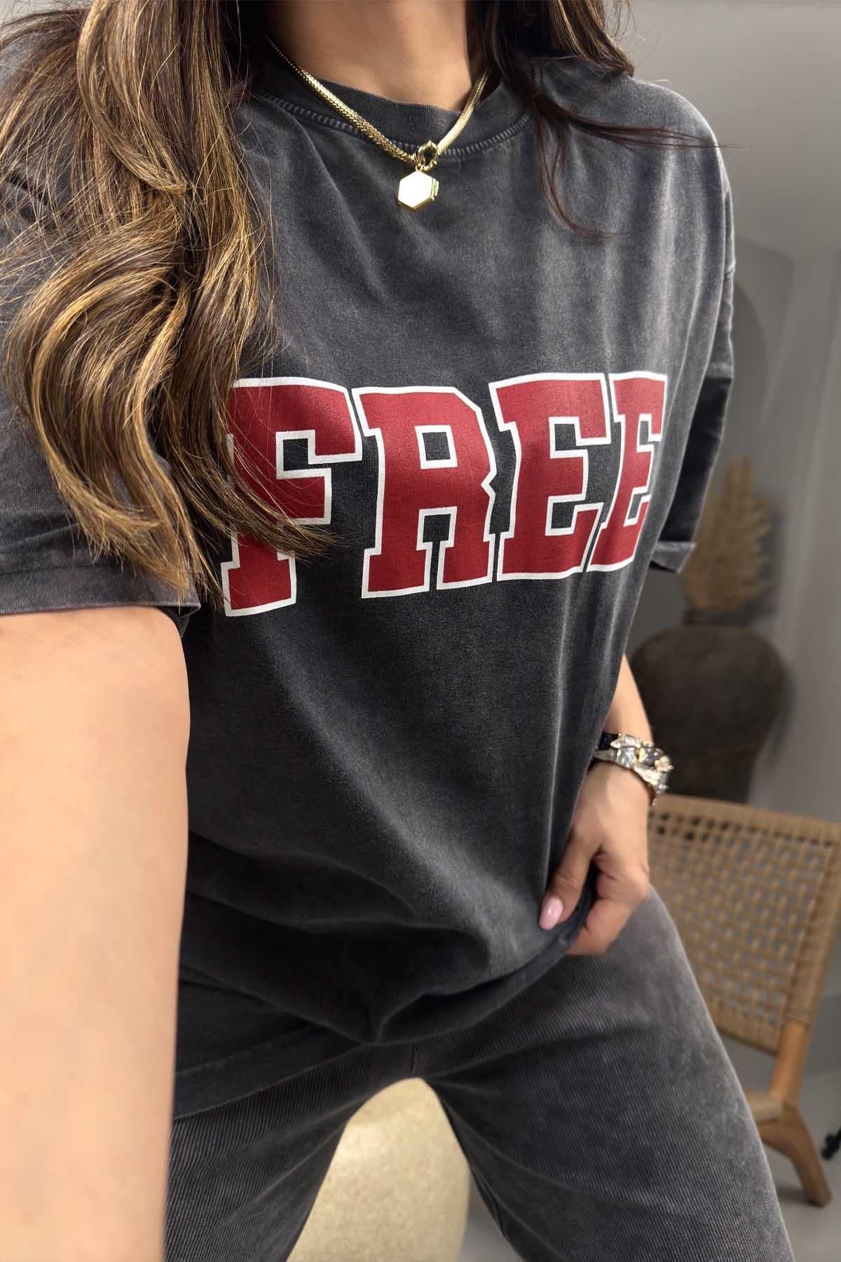 Free Baskı Yıkamalı Oversize Tshirt Gri