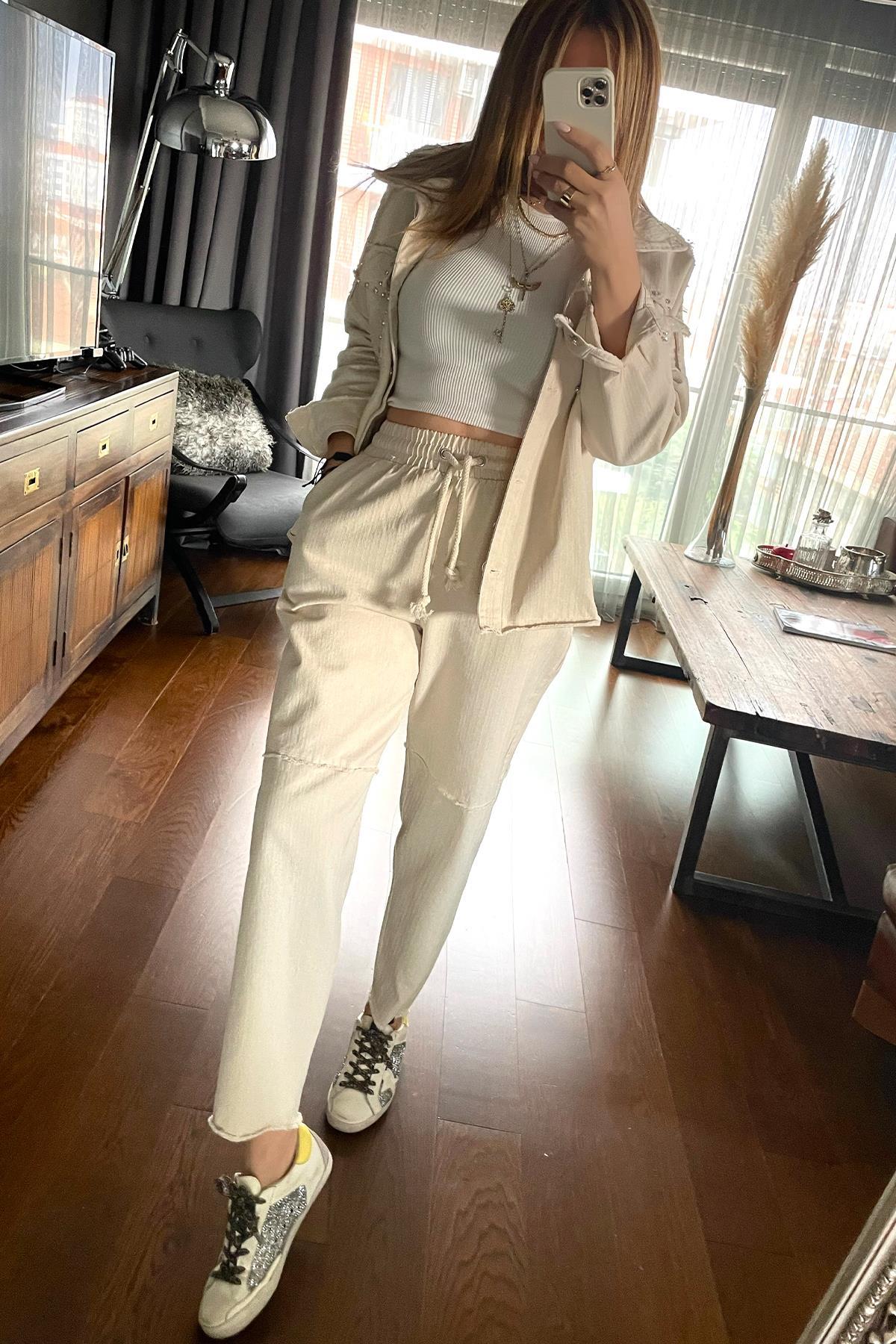 Gabardın Beli Lastikli Pantolon Taş