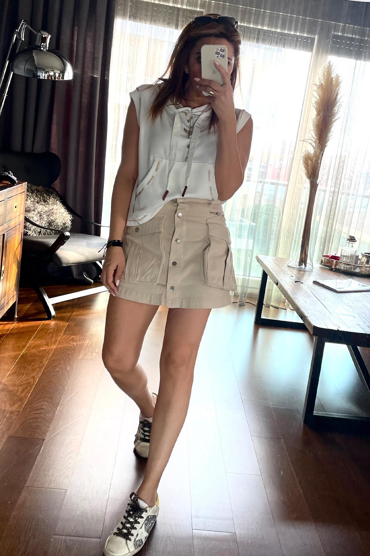 Gabardin Çıtçıt Düğmeli Cepli Etek Taş