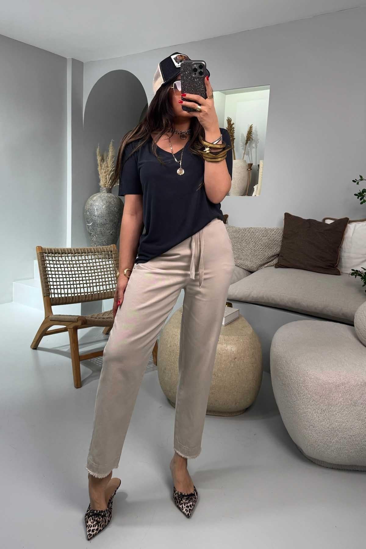 Gabardin Havuç Model Beli Lastikli Pantolon Taş