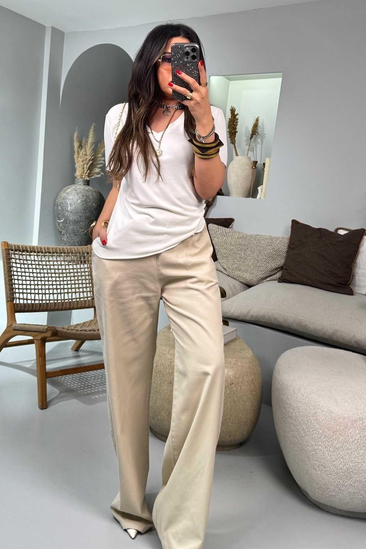 Gabardin Kumaş Beli Lastikli Palazzo Pantolon Taş