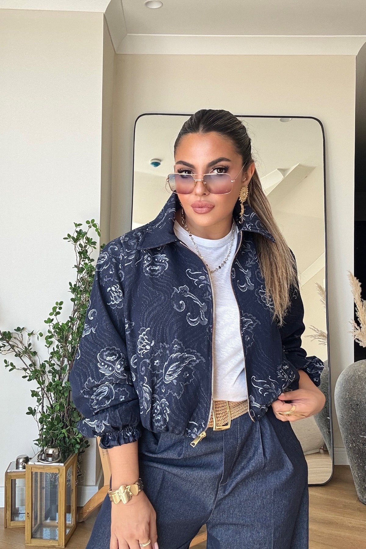 Goblen Desen Jean Bomber Ceket Lacivert