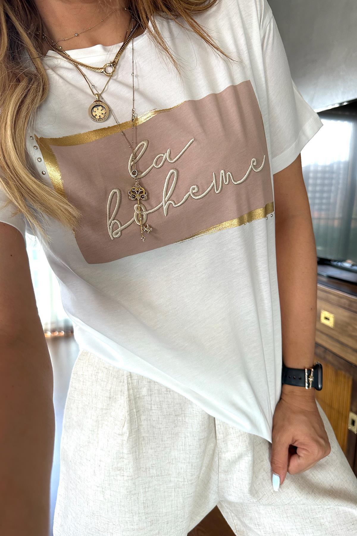 Gold Baskı La Boheme Tshirt Ekru