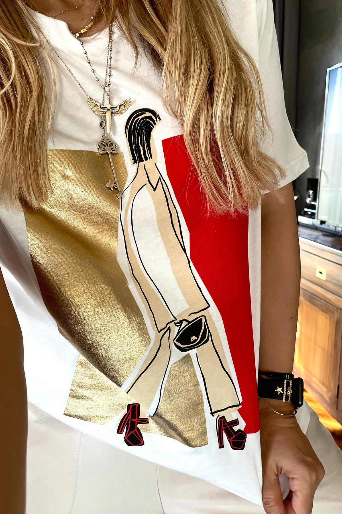 Gold Baskılı Kadın Silüet Tshirt Ekru