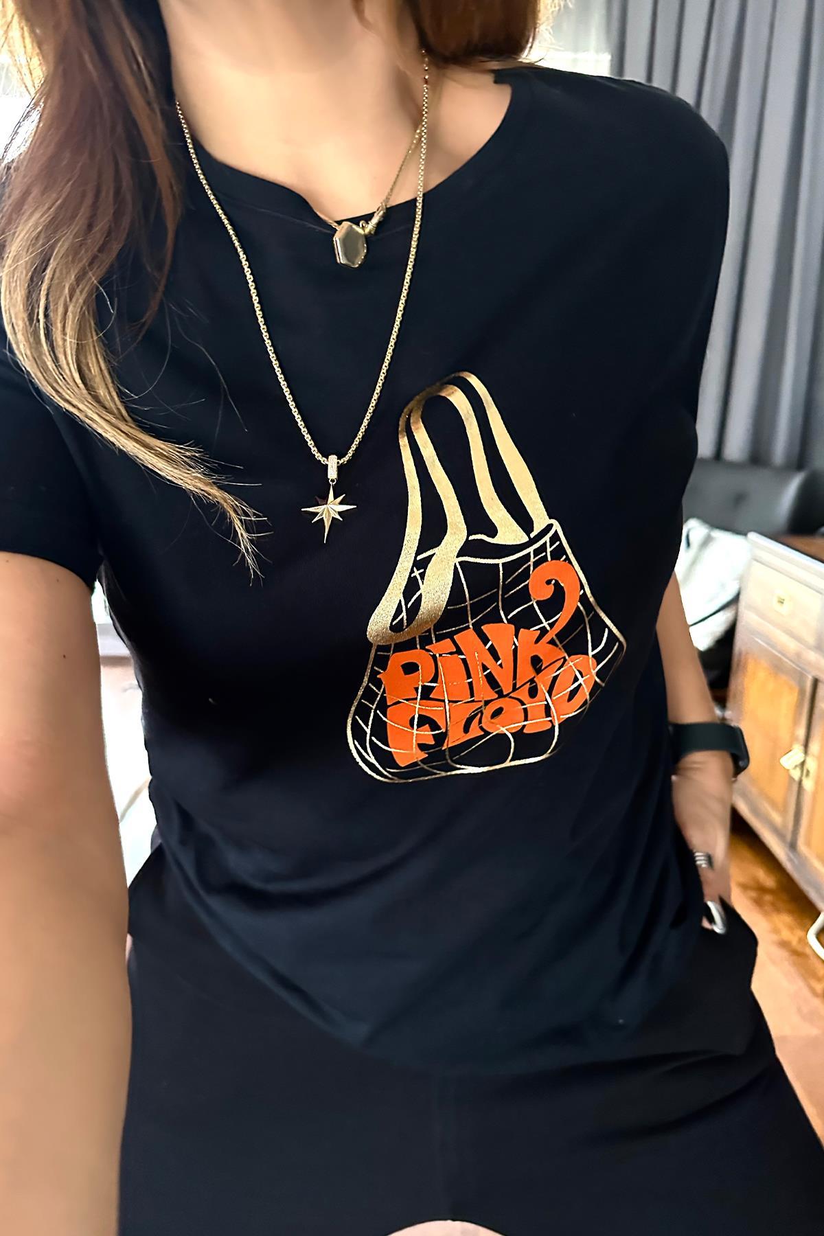 Gold Baskılı Pink Floyd Tshirt Siyah