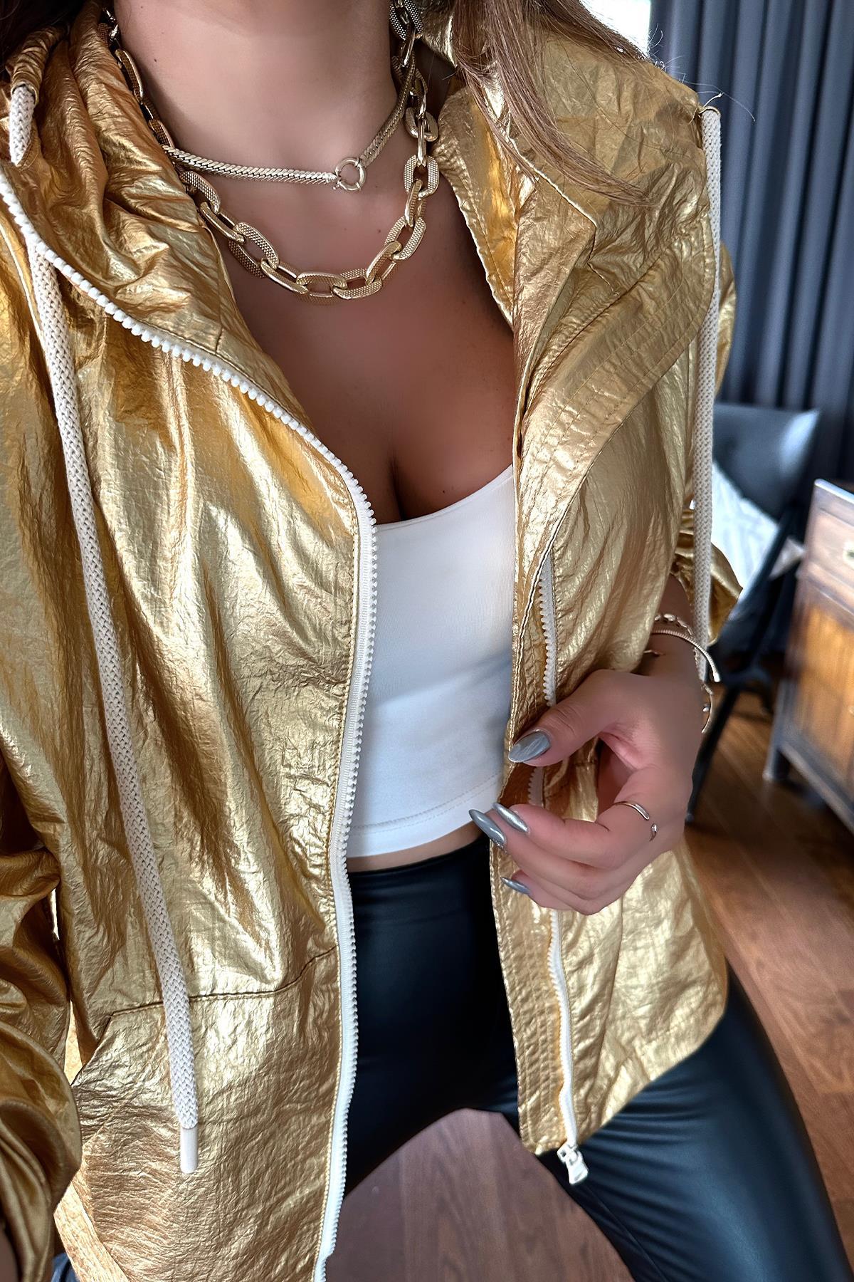 Gold Buruşuk Doku Yağmurluk Gold