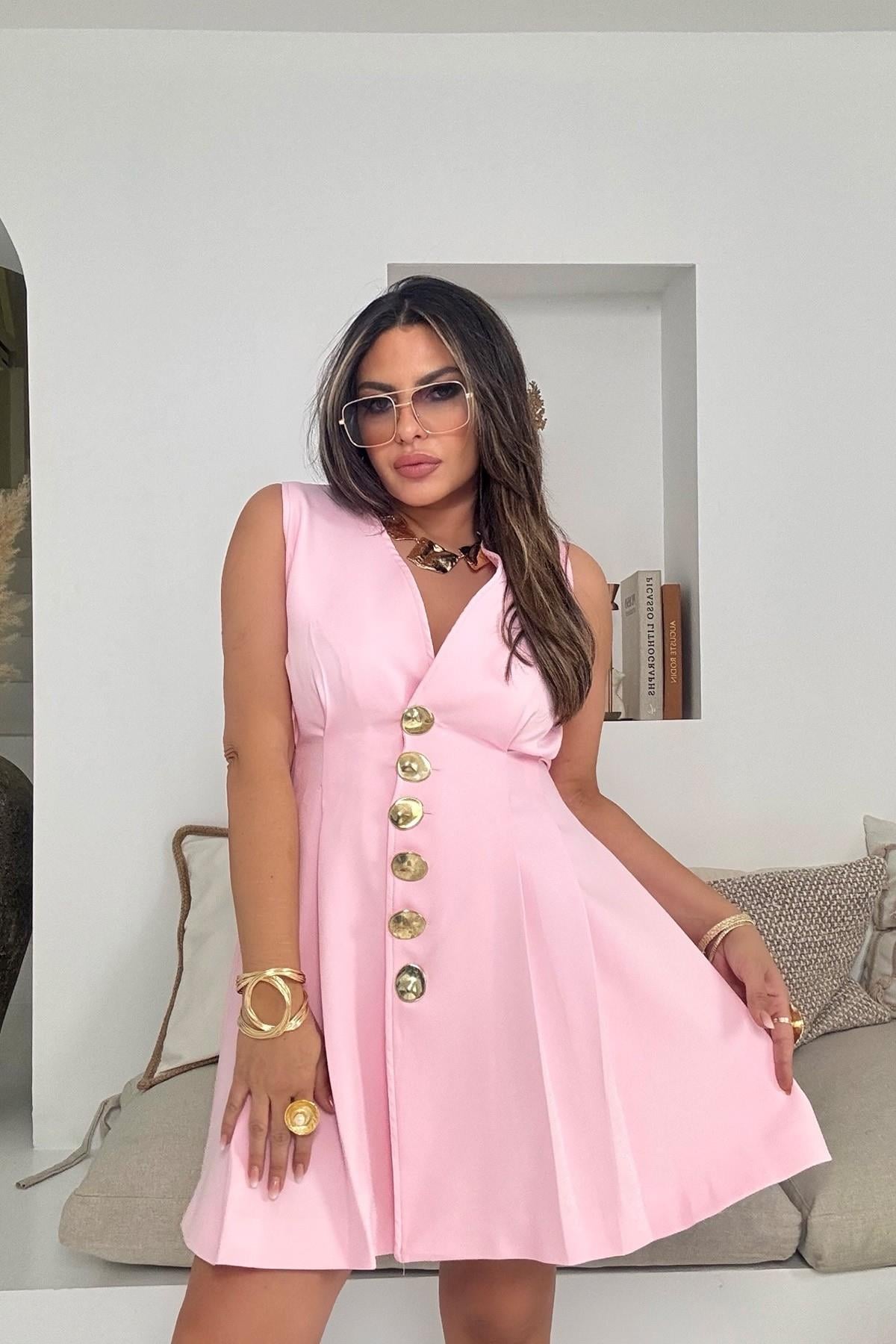 Gold Düğme Detay Pensli Elbise Pembe