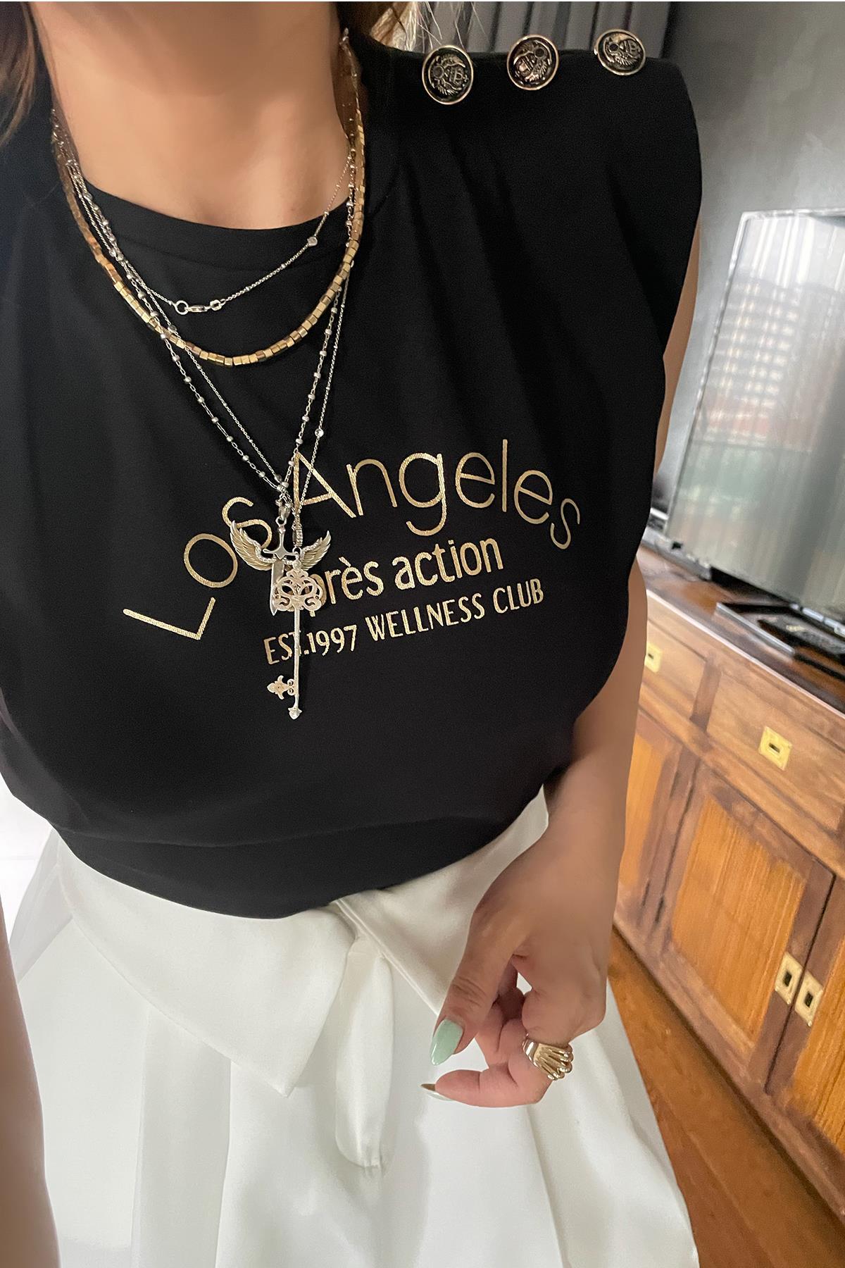 Gold Omuz Düğmeli Los Angelas Vatkalı Tshirt Siyah