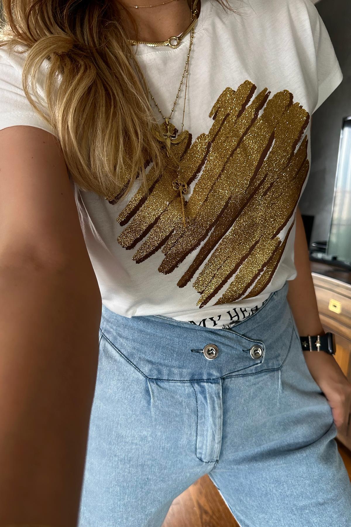 Gold Simli Kalp Baskılı Tshirt Ekru