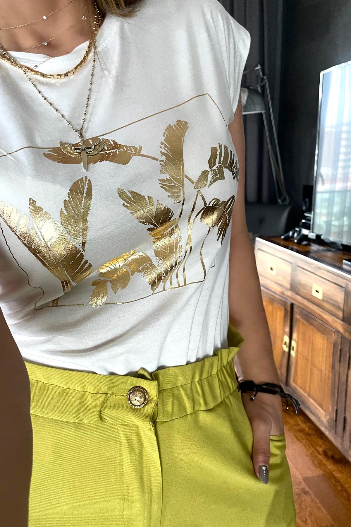 Gold Yaprak Baskılı Tshirt Ekru