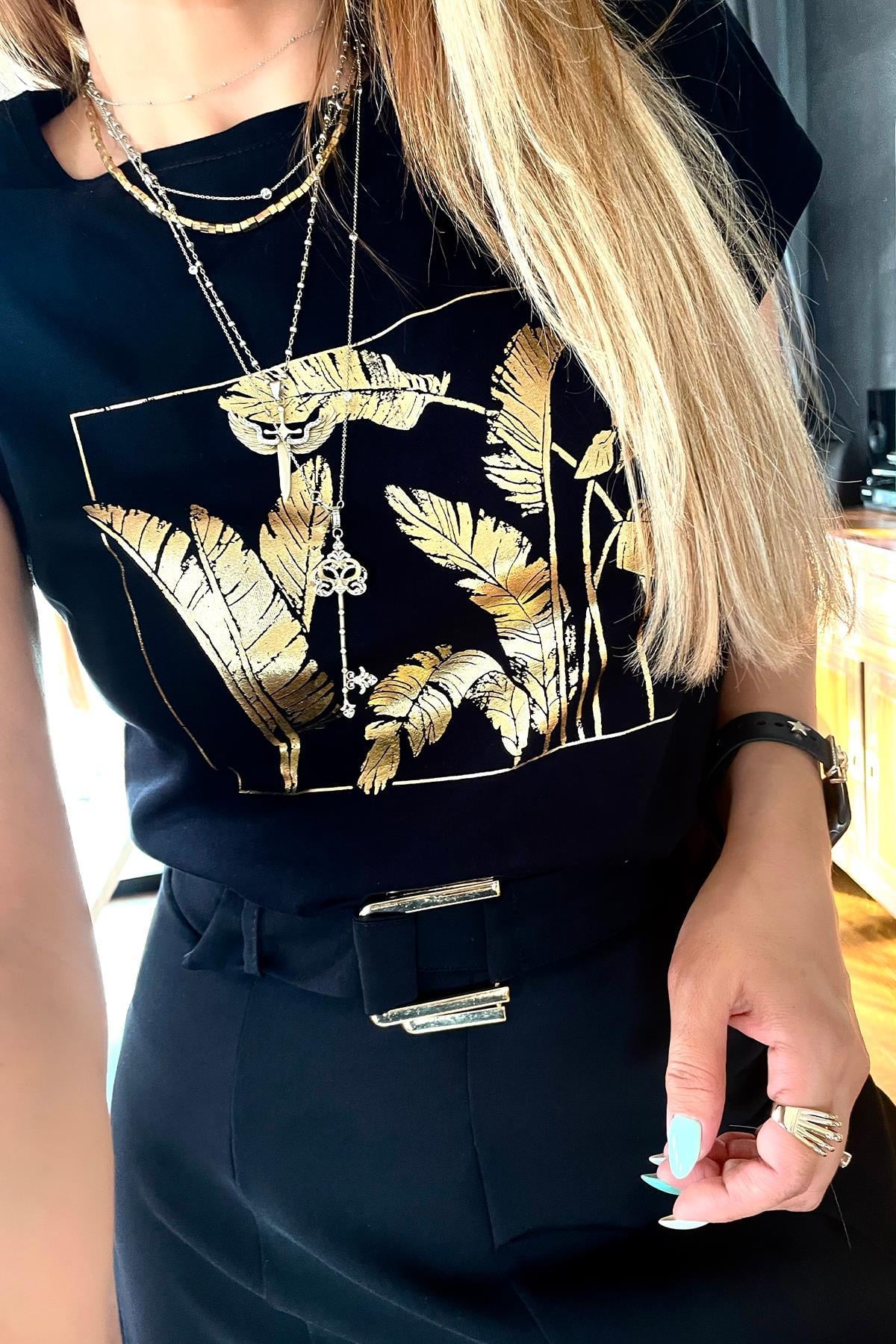 Gold Yaprak Baskılı Tshirt Siyah