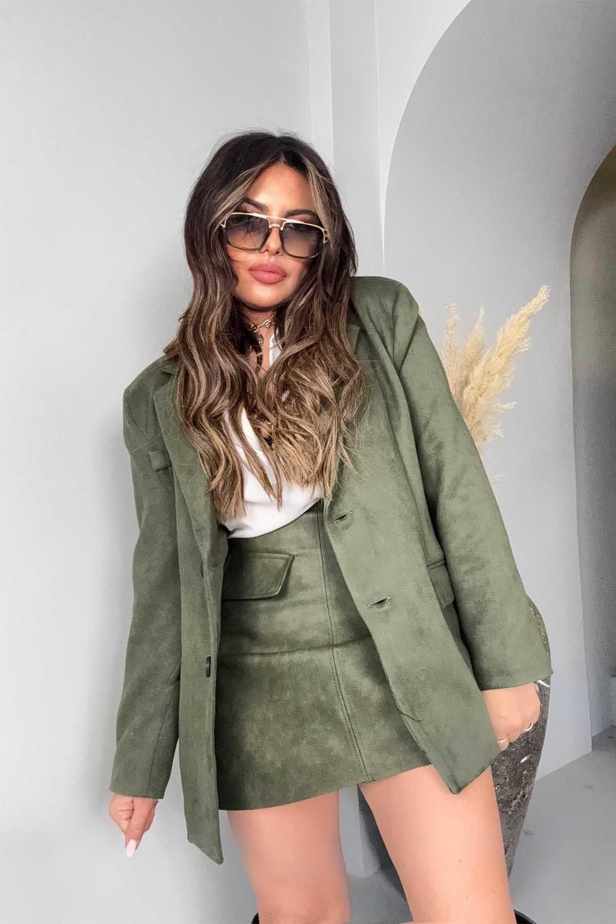 Güderi Kapaklı Cep Detay Blazer Ceket Yeşil