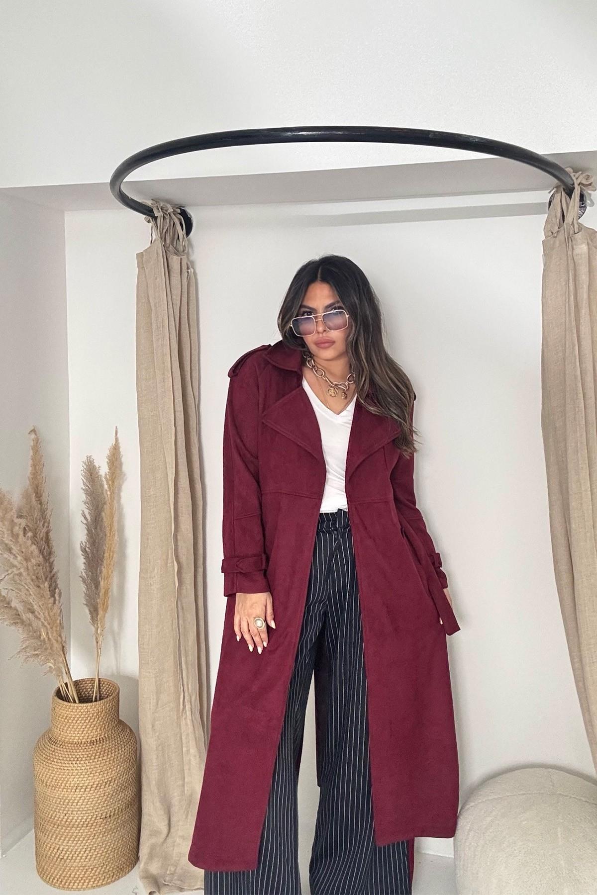 Güderi Kuşaklı Trenchcoat Bordo