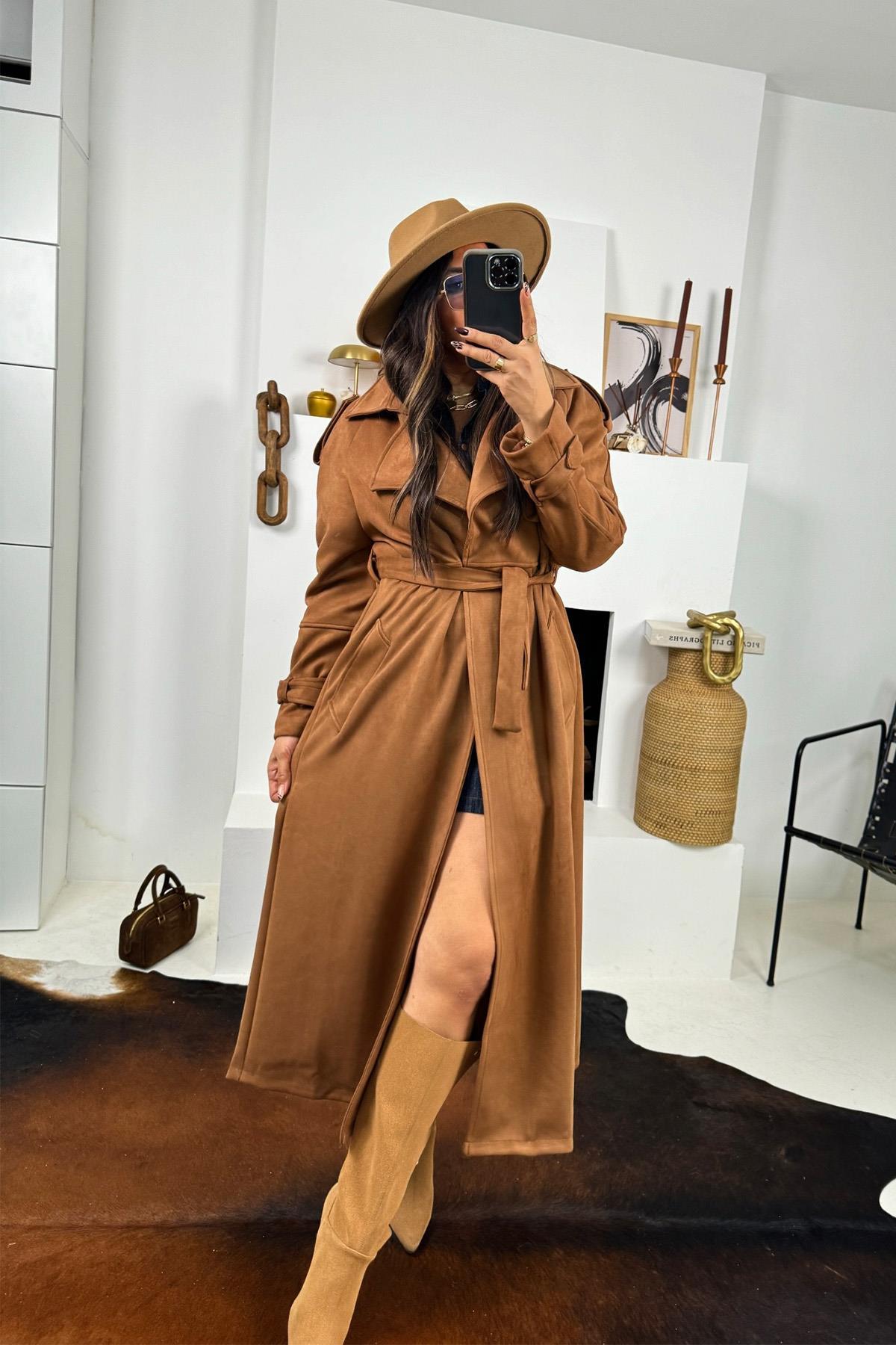 Güderi Trenchcoat Model Kaban Taba