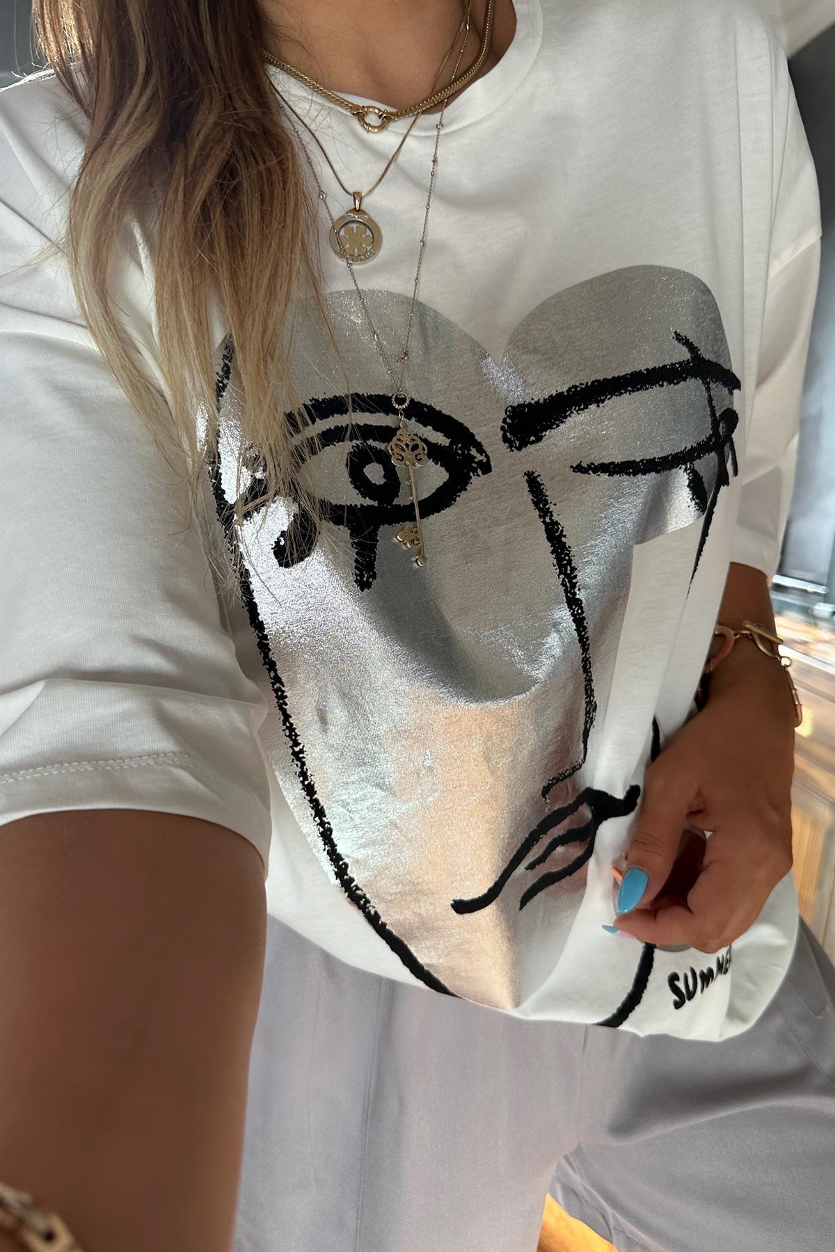 Gümüş Baskılı Çizgi Kadın Tshirt Ekru