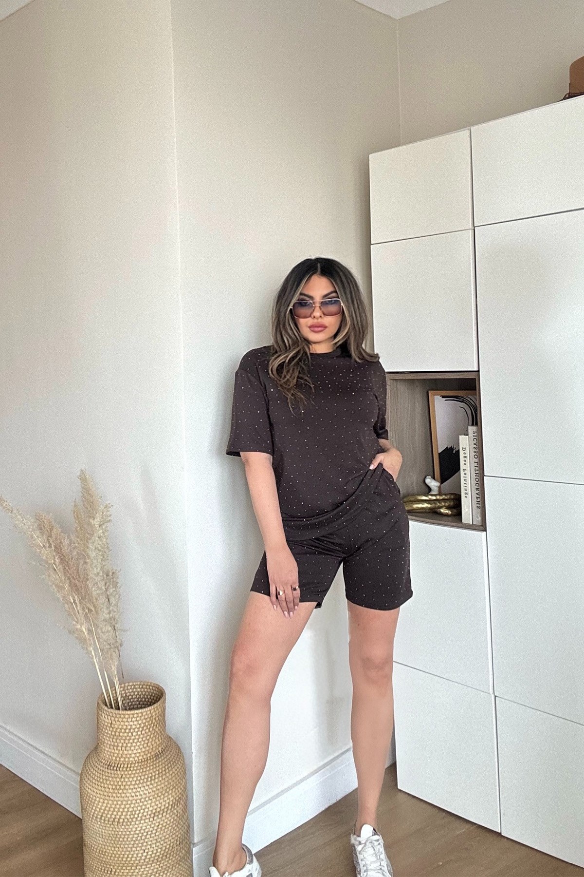 Gümüş Troklu Tencel Kumaş Takım Acı Kahve