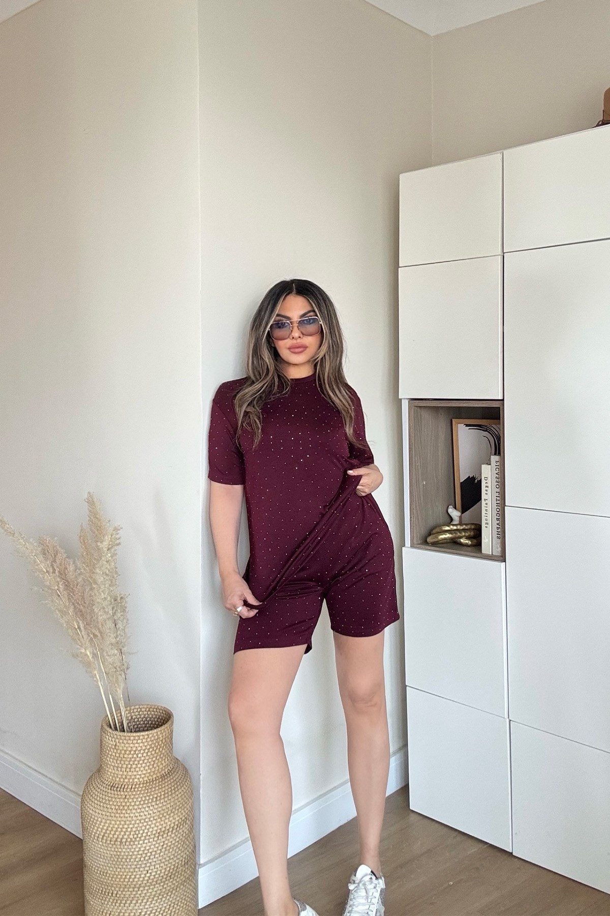 Gümüş Troklu Tencel Kumaş Takım Bordo