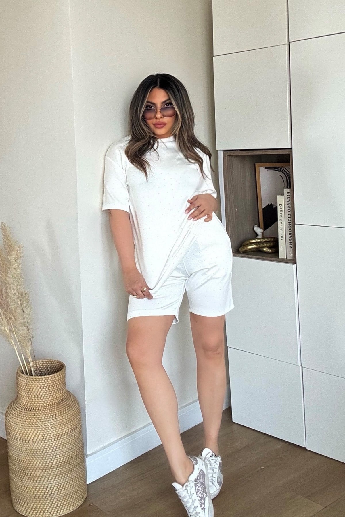 Gümüş Troklu Tencel Kumaş Takım Ekru