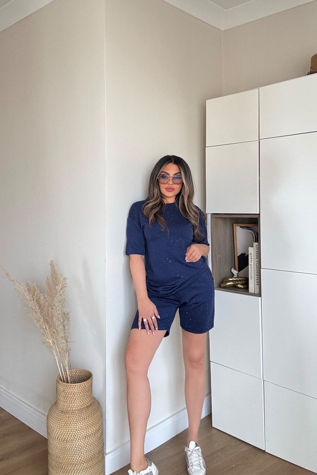 Gümüş Troklu Tencel Kumaş Takım Lacivert